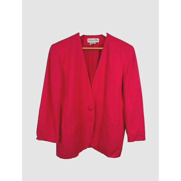 VTG Christian Dior Pink  Jacket Blazer Sz 14 One Button Pockets Shoulder Pads - Picture 1 of 10